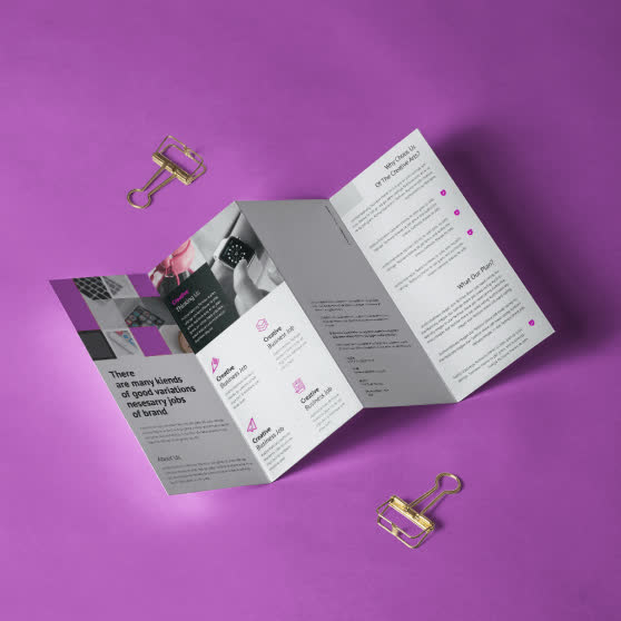 Brochure mock-up Design ideas| Digital Catalogue| Flyers| Leaflets| Purple Abstract Theme| Paper clip| Four fold| GS UAE